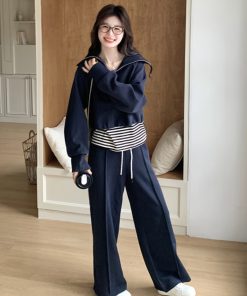 Navy Blue Three-Piece Sweatshirt Set for Women with Wide-Leg Pants, Casual Korean Style for Petite Sizes, Spring and Autumn Fashion 2025