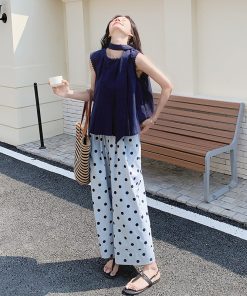 Navy Blue Vest and Polka Dot Wide-Leg Pants Two-Piece Set - Elegant Summer Outfit for Effortless Style and Age-Reducing Appeal