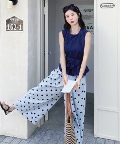 Navy Blue Vest and Polka Dot Wide-Leg Pants Two-Piece Set - Elegant Summer Outfit for Effortless Style and Age-Reducing Appeal