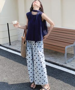 Navy Blue Vest and Polka Dot Wide-Leg Pants Two-Piece Set - Elegant Summer Outfit for Effortless Style and Age-Reducing Appeal