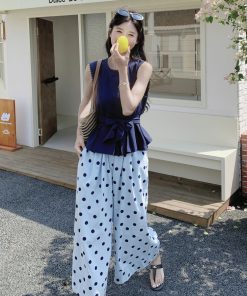 Navy Blue Vest and Polka Dot Wide-Leg Pants Two-Piece Set - Elegant Summer Outfit for Effortless Style and Age-Reducing Appeal