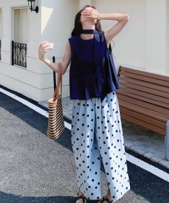 Navy Blue Vest and Polka Dot Wide-Leg Pants Two-Piece Set - Elegant Summer Outfit for Effortless Style and Age-Reducing Appeal