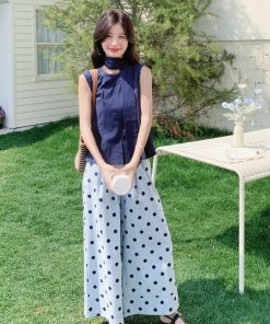 Navy Blue Vest and Polka Dot Wide-Leg Pants Two-Piece Set - Elegant Summer Outfit for Effortless Style and Age-Reducing Appeal