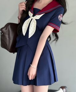 Navy Collar Bad Sailor Suit Set - Short Sleeve JK Uniform with Pudding Bear Design for Summer - Cute Y2K Style Fashion