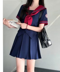 Navy Collar Bad Sailor Suit Set - Short Sleeve JK Uniform with Pudding Bear Design for Summer - Cute Y2K Style Fashion