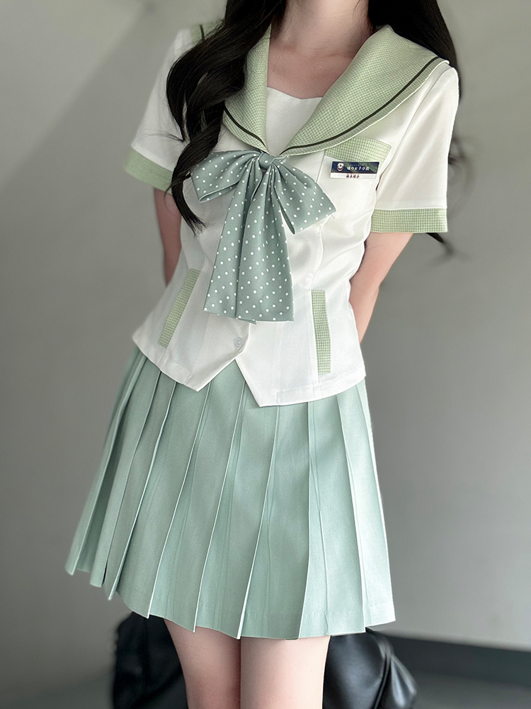 Navy Collar Plaid Splicing Short Sleeve Top - Women's Summer JK Uniform Style Set with Pudding Bear Design Navy Collar Plaid Splicing Short Sleeve Top - Women's Summer JK Uniform Style Set with Pudding Bear Design