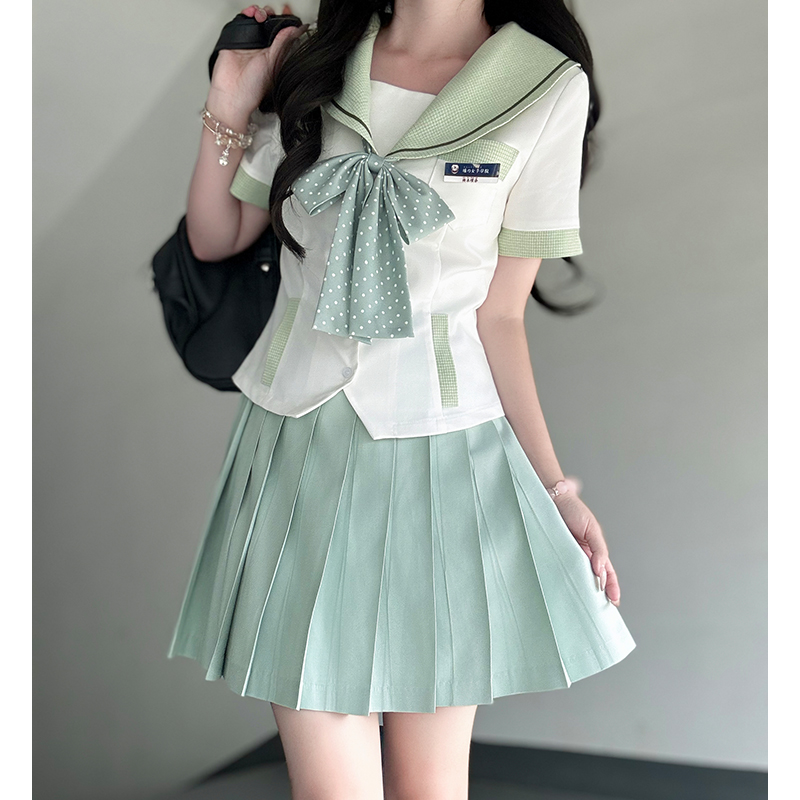 Navy Collar Plaid Splicing Short Sleeve Top - Women's Summer JK Uniform Style Set with Pudding Bear Design Navy Collar Plaid Splicing Short Sleeve Top - Women's Summer JK Uniform Style Set with Pudding Bear Design