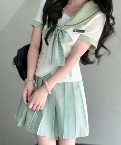 Navy Collar Plaid Splicing Short Sleeve Top - Women's Summer JK Uniform Style Set with Pudding Bear Design