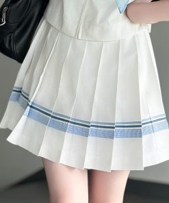 Navy Collar Plaid Splicing Short Sleeve Top Women's JK Uniform Set - Summer Pudding Bear Inspired College Style