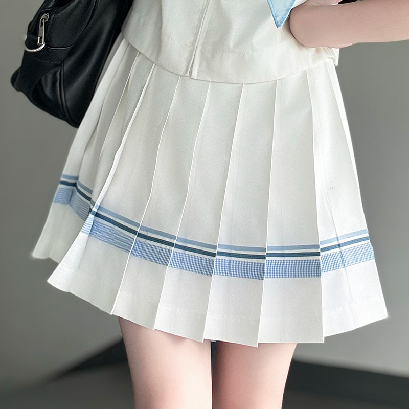 Navy Collar Plaid Splicing Short Sleeve Top Women's JK Uniform Set - Summer Pudding Bear Inspired College Style Navy Collar Plaid Splicing Short Sleeve Top Women's JK Uniform Set - Summer Pudding Bear Inspired College Style