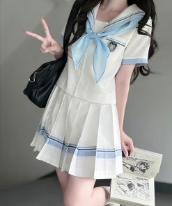 Navy Collar Plaid Splicing Short Sleeve Top Women's JK Uniform Set - Summer Pudding Bear Inspired College Style