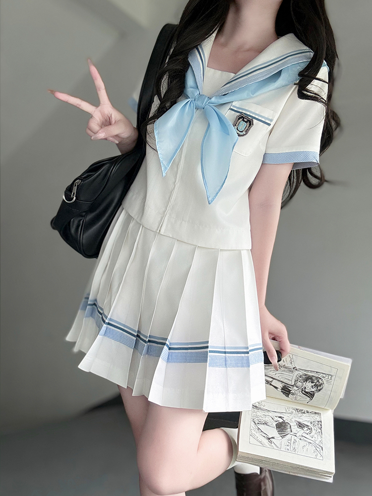 Navy Collar Plaid Splicing Short Sleeve Top Women's JK Uniform Set - Summer Pudding Bear Inspired College Style Navy Collar Plaid Splicing Short Sleeve Top Women's JK Uniform Set - Summer Pudding Bear Inspired College Style