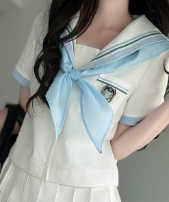 Navy Collar Plaid Splicing Short Sleeve Top Women's JK Uniform Set - Summer Pudding Bear Inspired College Style