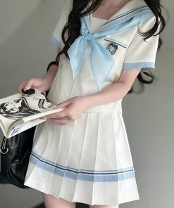 Navy Collar Plaid Splicing Short Sleeve Top Women's JK Uniform Set - Summer Pudding Bear Inspired College Style