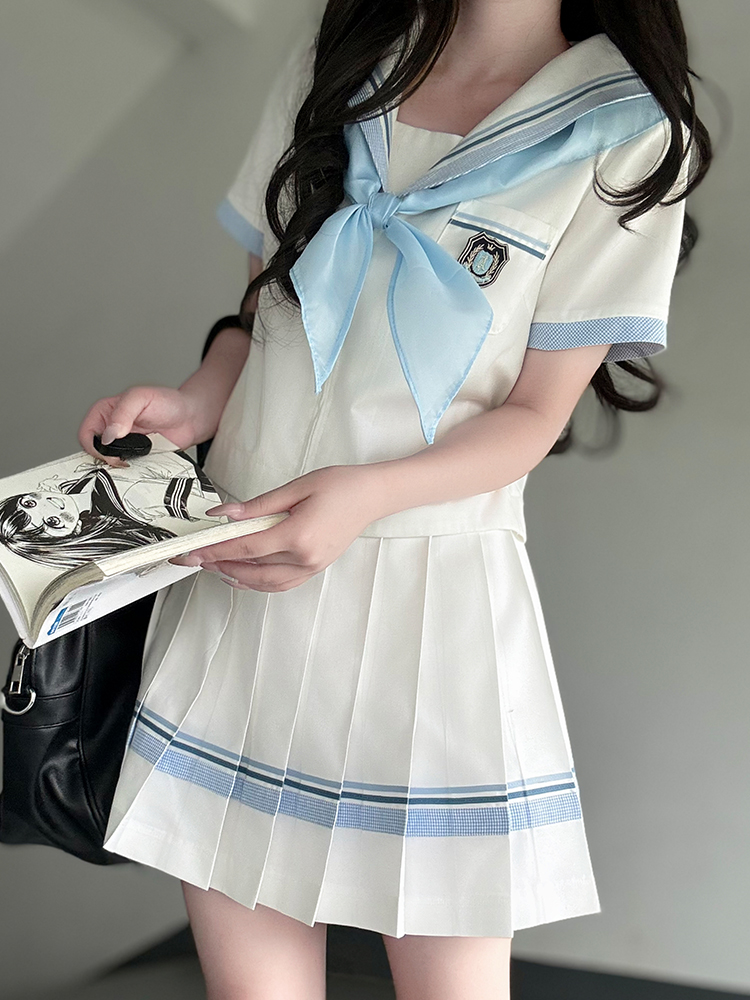 Navy Collar Plaid Splicing Short Sleeve Top Women's JK Uniform Set - Summer Pudding Bear Inspired College Style Navy Collar Plaid Splicing Short Sleeve Top Women's JK Uniform Set - Summer Pudding Bear Inspired College Style