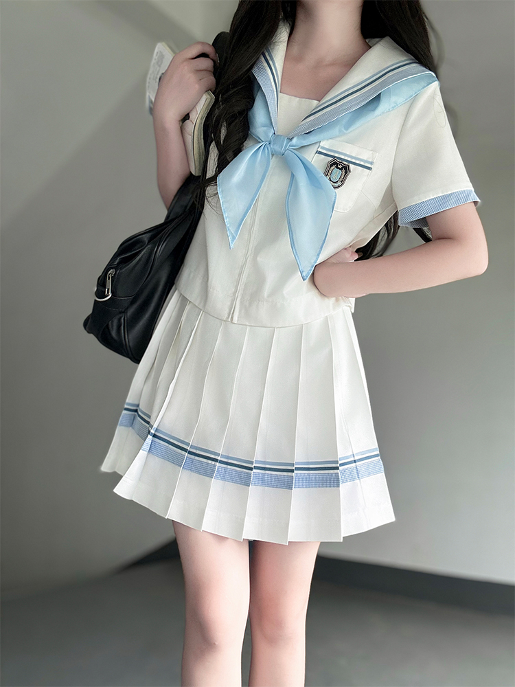 Navy Collar Plaid Splicing Short Sleeve Top Women's JK Uniform Set - Summer Pudding Bear Inspired College Style Navy Collar Plaid Splicing Short Sleeve Top Women's JK Uniform Set - Summer Pudding Bear Inspired College Style