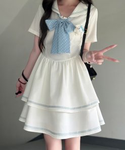 Navy Collar Short Sleeve Double-Layer Cake Skirt Summer Dress with Waist-Collecting Design - 2025 JK Uniform Style