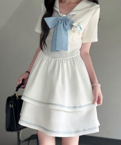 Navy Collar Short Sleeve Double-Layer Cake Skirt Summer Dress with Waist-Collecting Design - 2025 JK Uniform Style
