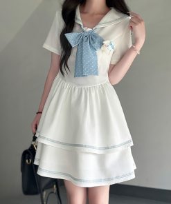 Navy Collar Short Sleeve Double-Layer Cake Skirt Summer Dress with Waist-Collecting Design - 2025 JK Uniform Style