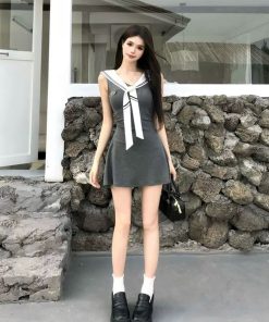 Navy Collar Sleeveless Dress for Women - French Style, Waist-Cinching, Elegant Short Skirt, Perfect for Summer Fashion