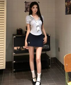 Navy Collar Striped Top and Half Skirt Women's Short-Sleeve Shirt Dress Set â€“ Pure Desire College Style for Summer Fashion