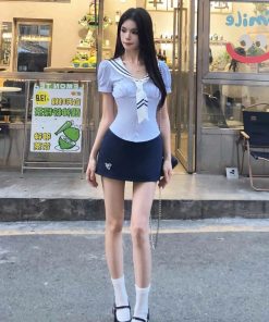 Navy Collar Striped Top and Half Skirt Women's Short-Sleeve Shirt Dress Set â€“ Pure Desire College Style for Summer Fashion