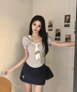 Navy Collar Striped Top and Half Skirt Women's Short-Sleeve Shirt Dress Set â€“ Pure Desire College Style for Summer Fashion