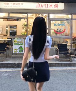 Navy Collar Striped Top and Half Skirt Women's Short-Sleeve Shirt Dress Set â€“ Pure Desire College Style for Summer Fashion