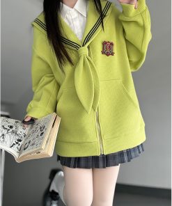 Navy Collar Zipper Hoodie - Women's Pudding Bear JK Uniform, Loose Long Sleeve Cardigan, College Style, Y2K Aesthetic
