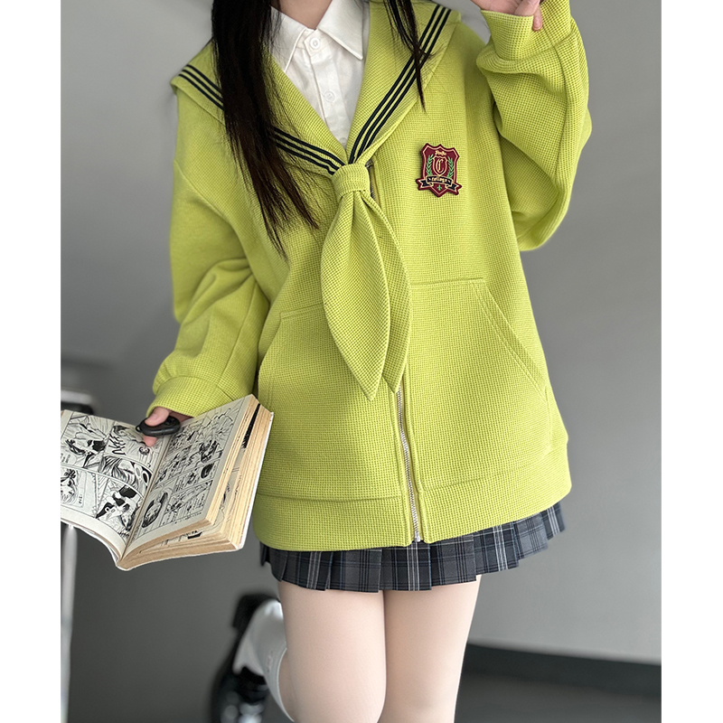 Navy Collar Zipper Hoodie - Women's Pudding Bear JK Uniform, Loose Long Sleeve Cardigan, College Style, Y2K Aesthetic Navy Collar Zipper Hoodie - Women's Pudding Bear JK Uniform, Loose Long Sleeve Cardigan, College Style, Y2K Aesthetic
