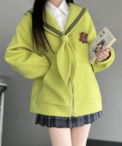 Navy Collar Zipper Hoodie - Women's Pudding Bear JK Uniform, Loose Long Sleeve Cardigan, College Style, Y2K Aesthetic