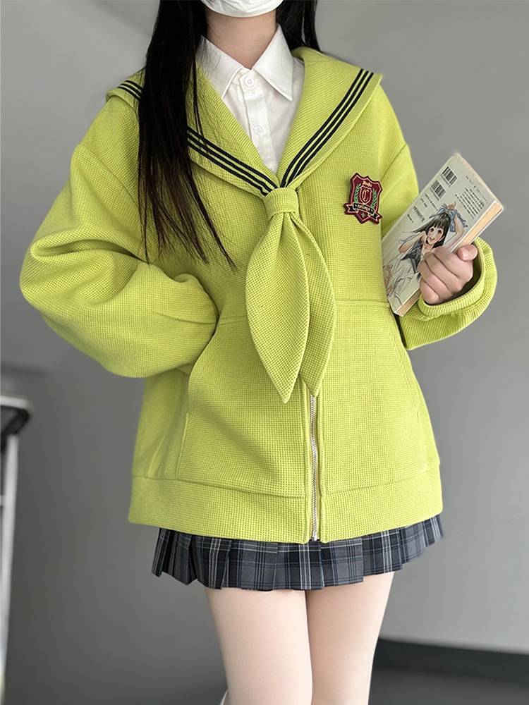 Navy Collar Zipper Hoodie - Women's Pudding Bear JK Uniform, Loose Long Sleeve Cardigan, College Style, Y2K Aesthetic Navy Collar Zipper Hoodie - Women's Pudding Bear JK Uniform, Loose Long Sleeve Cardigan, College Style, Y2K Aesthetic