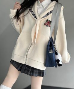 Navy Collar Zipper Hoodie - Women's Pudding Bear JK Uniform, Loose Long Sleeve Cardigan, College Style, Y2K Aesthetic