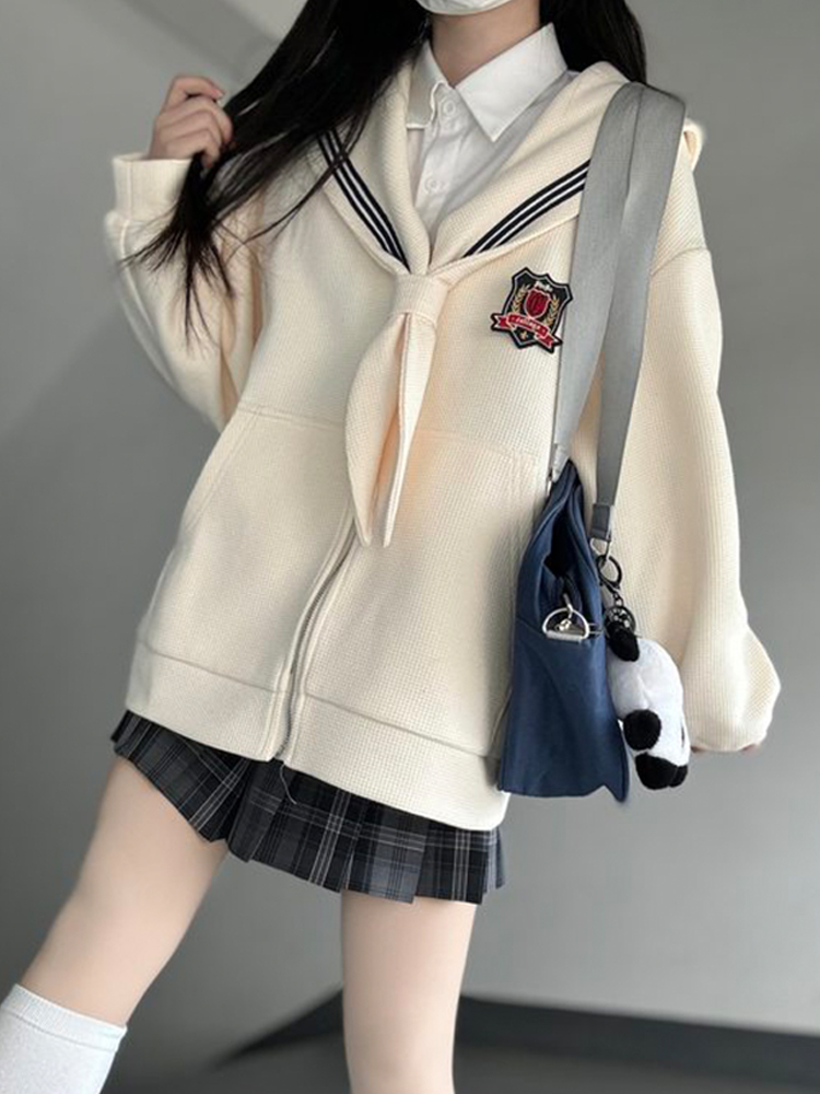 Navy Collar Zipper Hoodie - Women's Pudding Bear JK Uniform, Loose Long Sleeve Cardigan, College Style, Y2K Aesthetic Navy Collar Zipper Hoodie - Women's Pudding Bear JK Uniform, Loose Long Sleeve Cardigan, College Style, Y2K Aesthetic