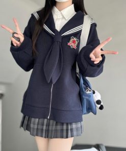 Navy Collar Zipper Hoodie - Women's Pudding Bear JK Uniform, Loose Long Sleeve Cardigan, College Style, Y2K Aesthetic