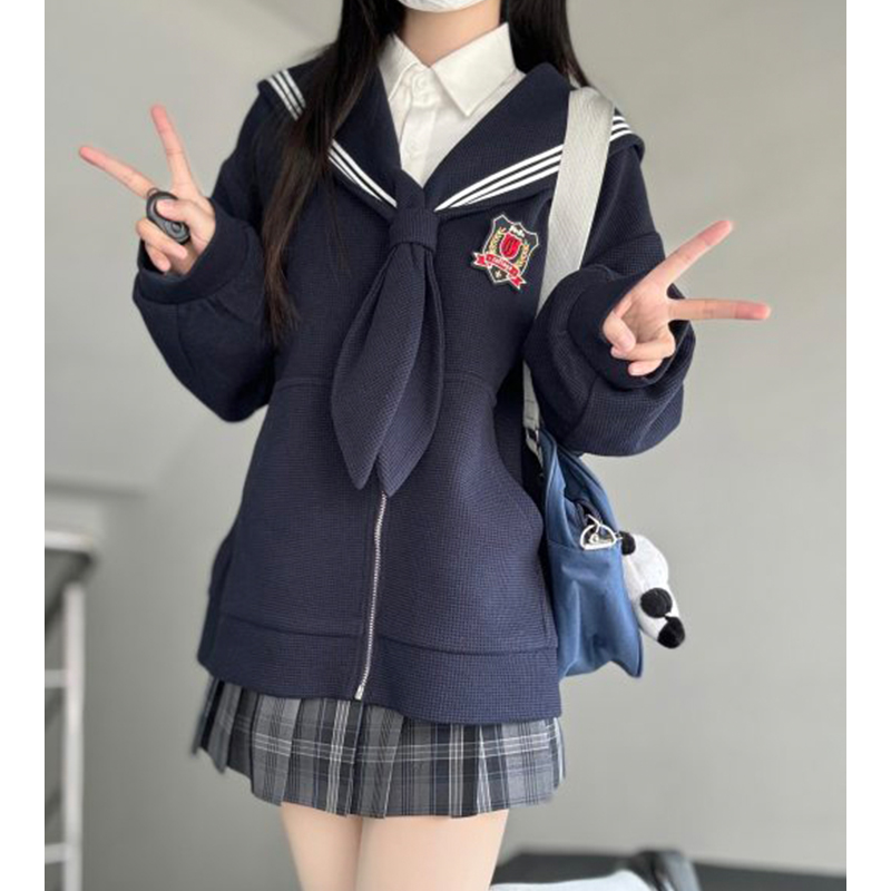 Navy Collar Zipper Hoodie - Women's Pudding Bear JK Uniform, Loose Long Sleeve Cardigan, College Style, Y2K Aesthetic Navy Collar Zipper Hoodie - Women's Pudding Bear JK Uniform, Loose Long Sleeve Cardigan, College Style, Y2K Aesthetic