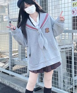 Navy Collar Zipper Hoodie - Women's Pudding Bear JK Uniform, Loose Long Sleeve Cardigan, College Style, Y2K Aesthetic