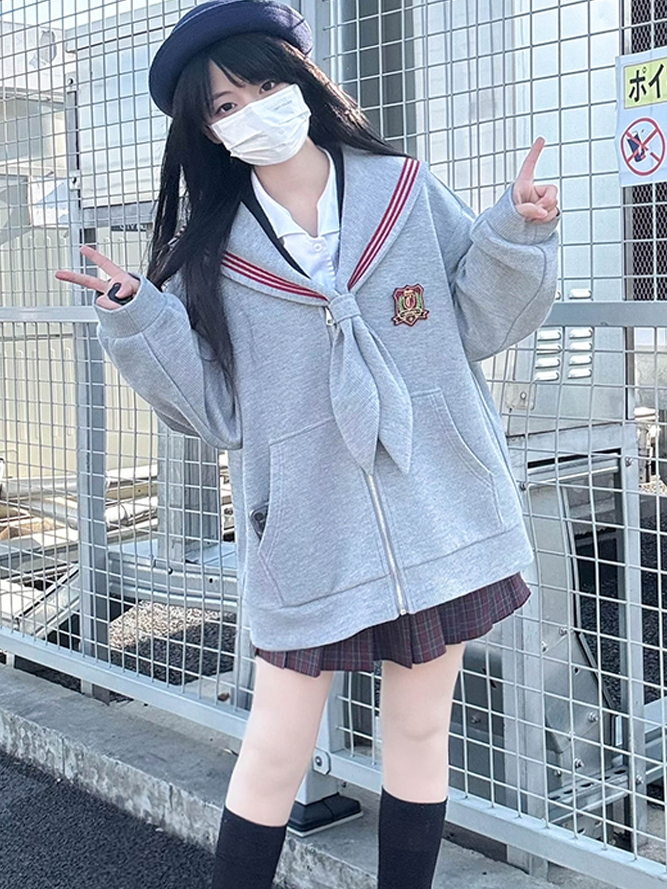 Navy Collar Zipper Hoodie - Women's Pudding Bear JK Uniform, Loose Long Sleeve Cardigan, College Style, Y2K Aesthetic Navy Collar Zipper Hoodie - Women's Pudding Bear JK Uniform, Loose Long Sleeve Cardigan, College Style, Y2K Aesthetic