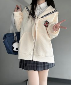 Navy Collar Zipper Hoodie - Women's Pudding Bear JK Uniform, Loose Long Sleeve Cardigan, College Style, Y2K Aesthetic