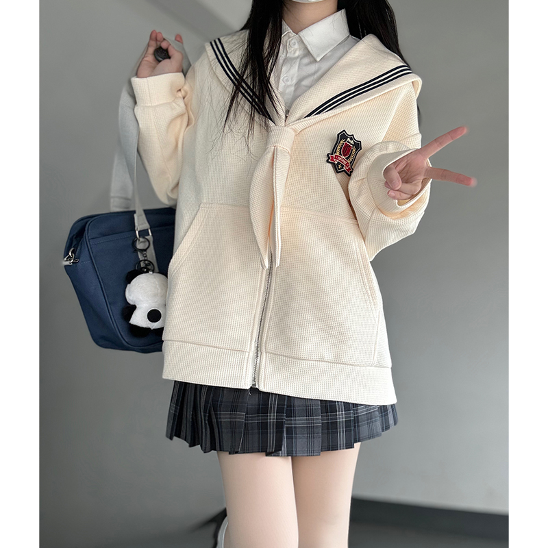 Navy Collar Zipper Hoodie - Women's Pudding Bear JK Uniform, Loose Long Sleeve Cardigan, College Style, Y2K Aesthetic Navy Collar Zipper Hoodie - Women's Pudding Bear JK Uniform, Loose Long Sleeve Cardigan, College Style, Y2K Aesthetic