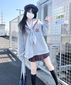 Navy Collar Zipper Hoodie - Women's Pudding Bear JK Uniform, Loose Long Sleeve Cardigan, College Style, Y2K Aesthetic