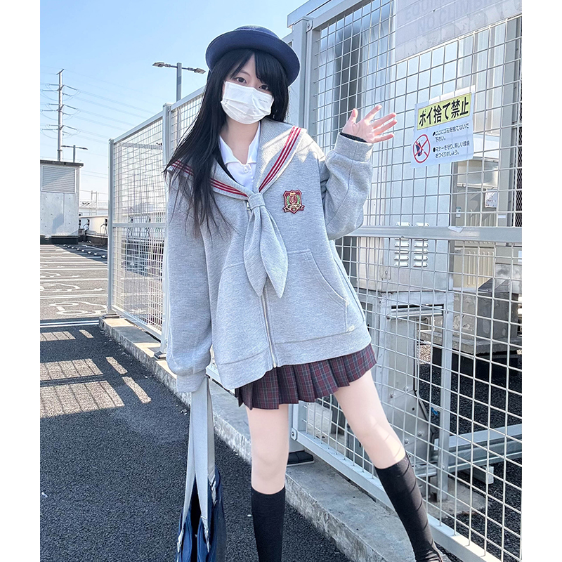 Navy Collar Zipper Hoodie - Women's Pudding Bear JK Uniform, Loose Long Sleeve Cardigan, College Style, Y2K Aesthetic Navy Collar Zipper Hoodie - Women's Pudding Bear JK Uniform, Loose Long Sleeve Cardigan, College Style, Y2K Aesthetic