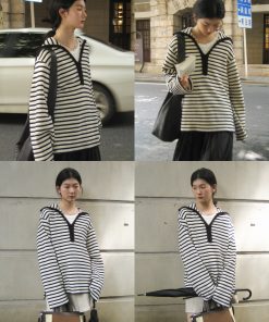 Navy Plush Contrast Textured Black and White Stripe Loose Top - Trendy Korean Style Fashion for Effortless Chic Looks