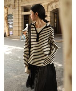 Navy Plush Contrast Textured Black and White Stripe Loose Top - Trendy Korean Style Fashion for Effortless Chic Looks