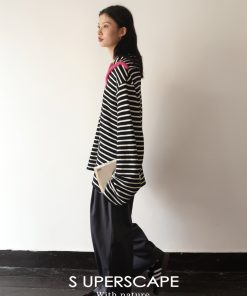 Navy Plush Contrast Textured Black and White Stripe Loose Top - Trendy Korean Style Fashion for Effortless Chic Looks
