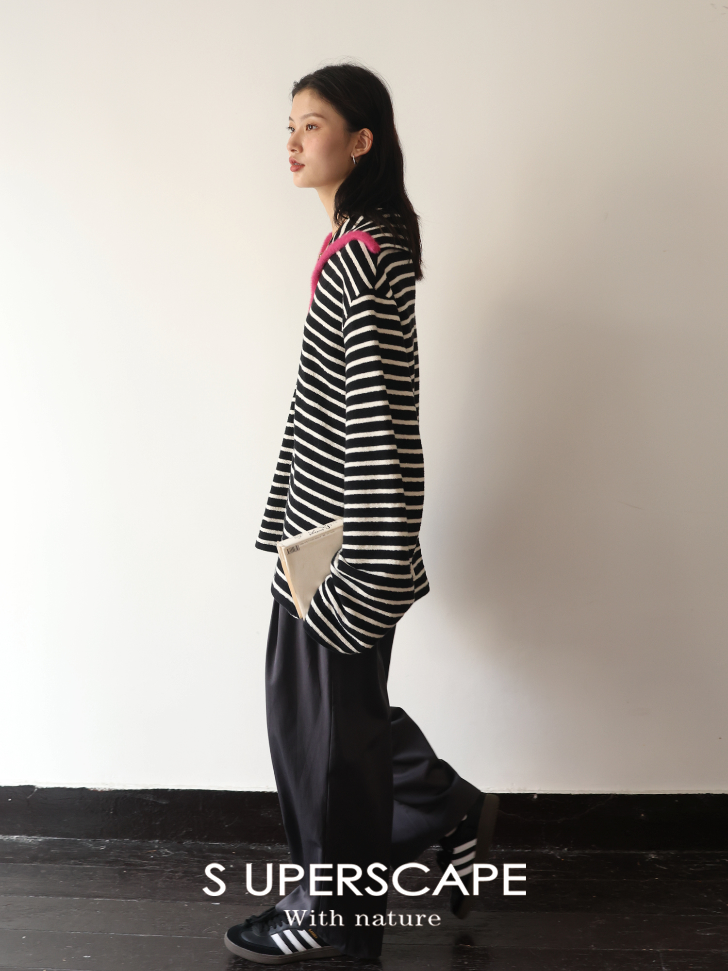 Navy Plush Contrast Textured Black and White Stripe Loose Top - Trendy Korean Style Fashion for Effortless Chic Looks Navy Plush Contrast Textured Black and White Stripe Loose Top - Trendy Korean Style Fashion for Effortless Chic Looks