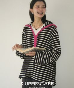 Navy Plush Contrast Textured Black and White Stripe Loose Top - Trendy Korean Style Fashion for Effortless Chic Looks