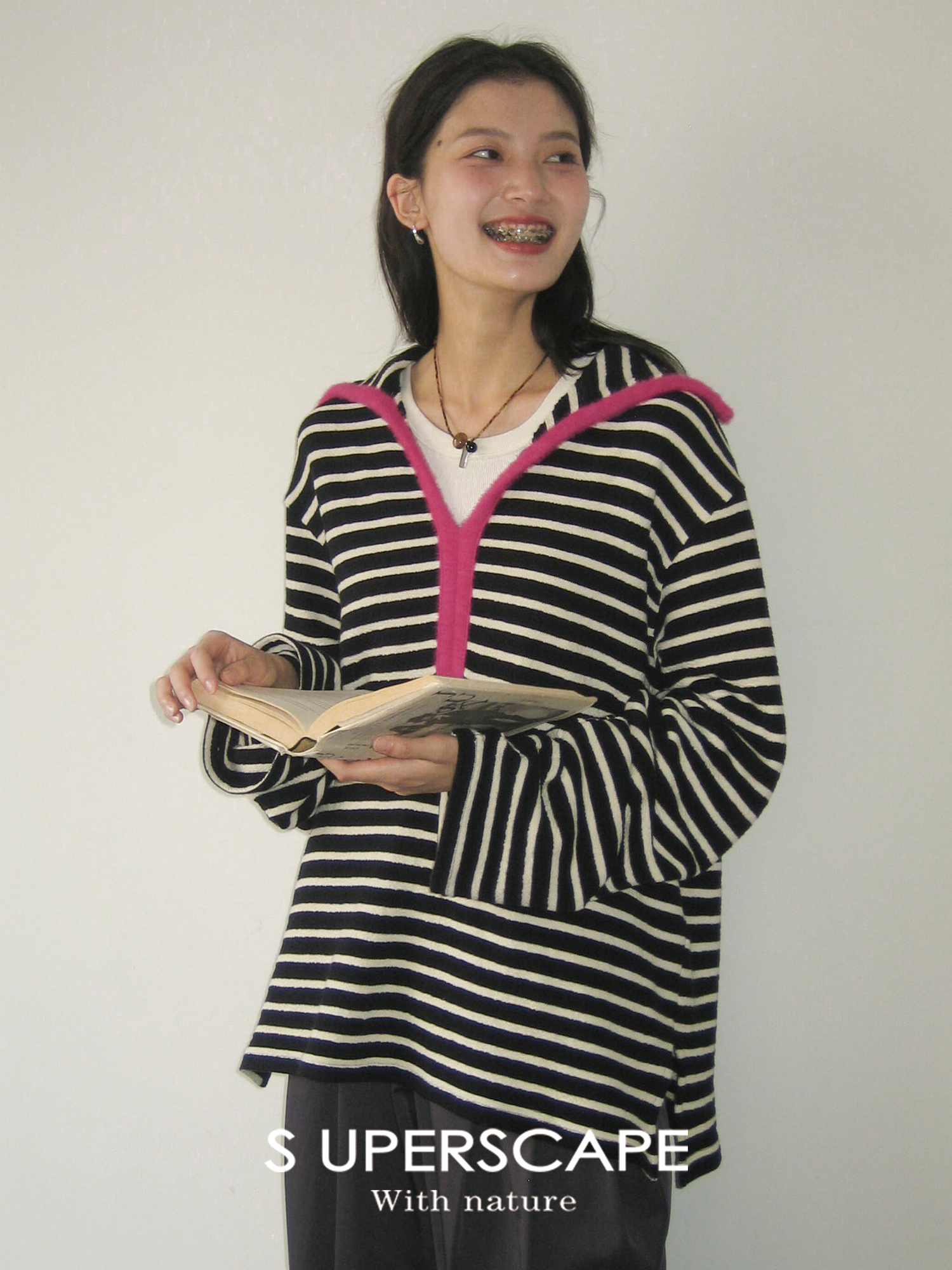 Navy Plush Contrast Textured Black and White Stripe Loose Top - Trendy Korean Style Fashion for Effortless Chic Looks Navy Plush Contrast Textured Black and White Stripe Loose Top - Trendy Korean Style Fashion for Effortless Chic Looks