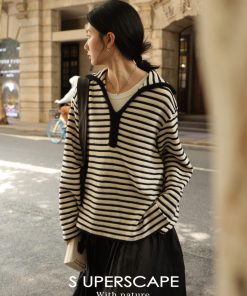 Navy Plush Contrast Textured Black and White Stripe Loose Top - Trendy Korean Style Fashion for Effortless Chic Looks
