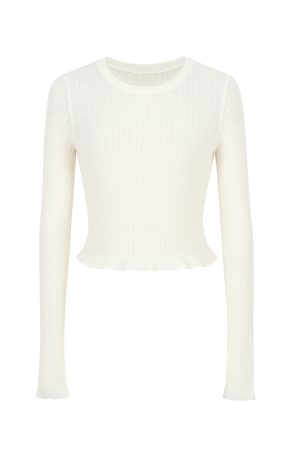 Niche Long Sleeve Knitted Top for Women in Alpaca Wool with Wood Ear Edge Design - Stylish Fashion Essential